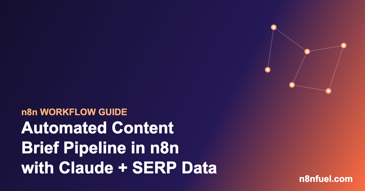 Diagram-style banner for an automated content brief pipeline built in n8n with Claude and SERP data