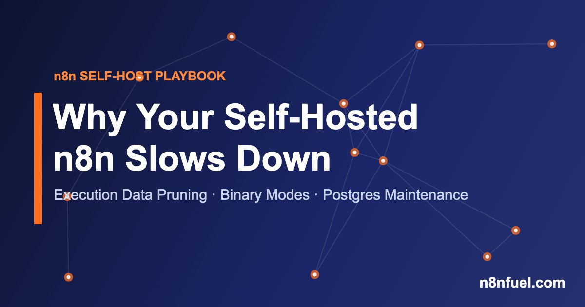 Diagram-style banner: n8n self-host performance — execution data pruning, binary data modes and Postgres maintenance